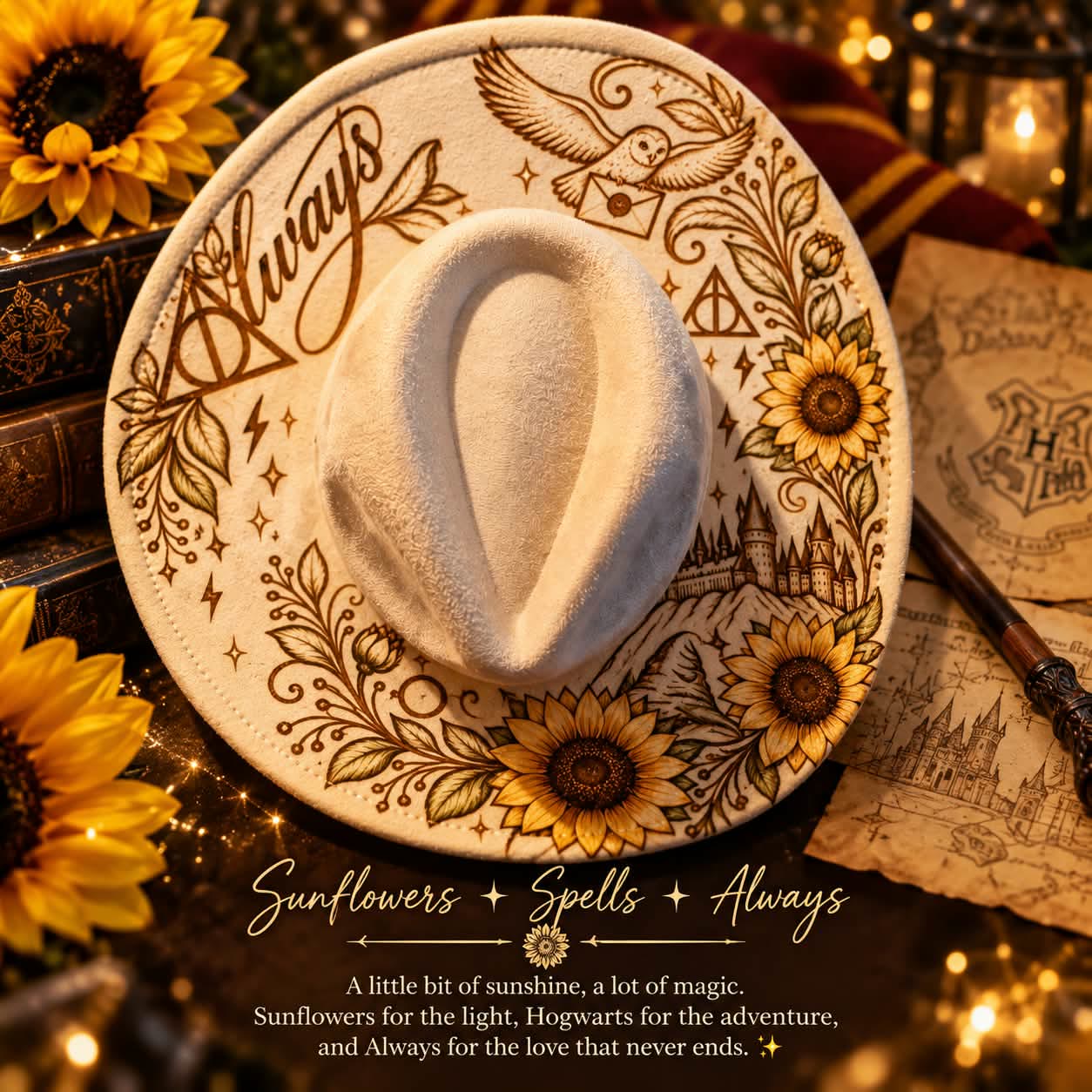 Wide-brim hat hand-burned with sunflowers and the word Always